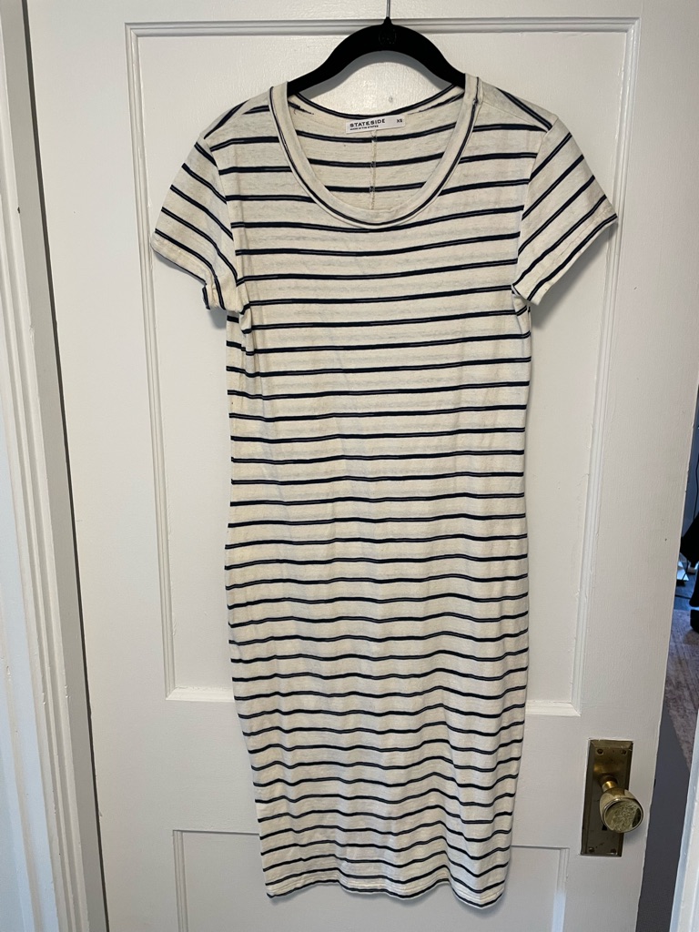 Stateside Navy And Cream Striped Short Sleeve Cotton Midi Dress